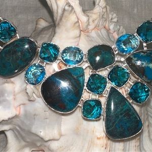 Mermaid Shattuckite Apatite + Blue Topaz statement cluster Necklace